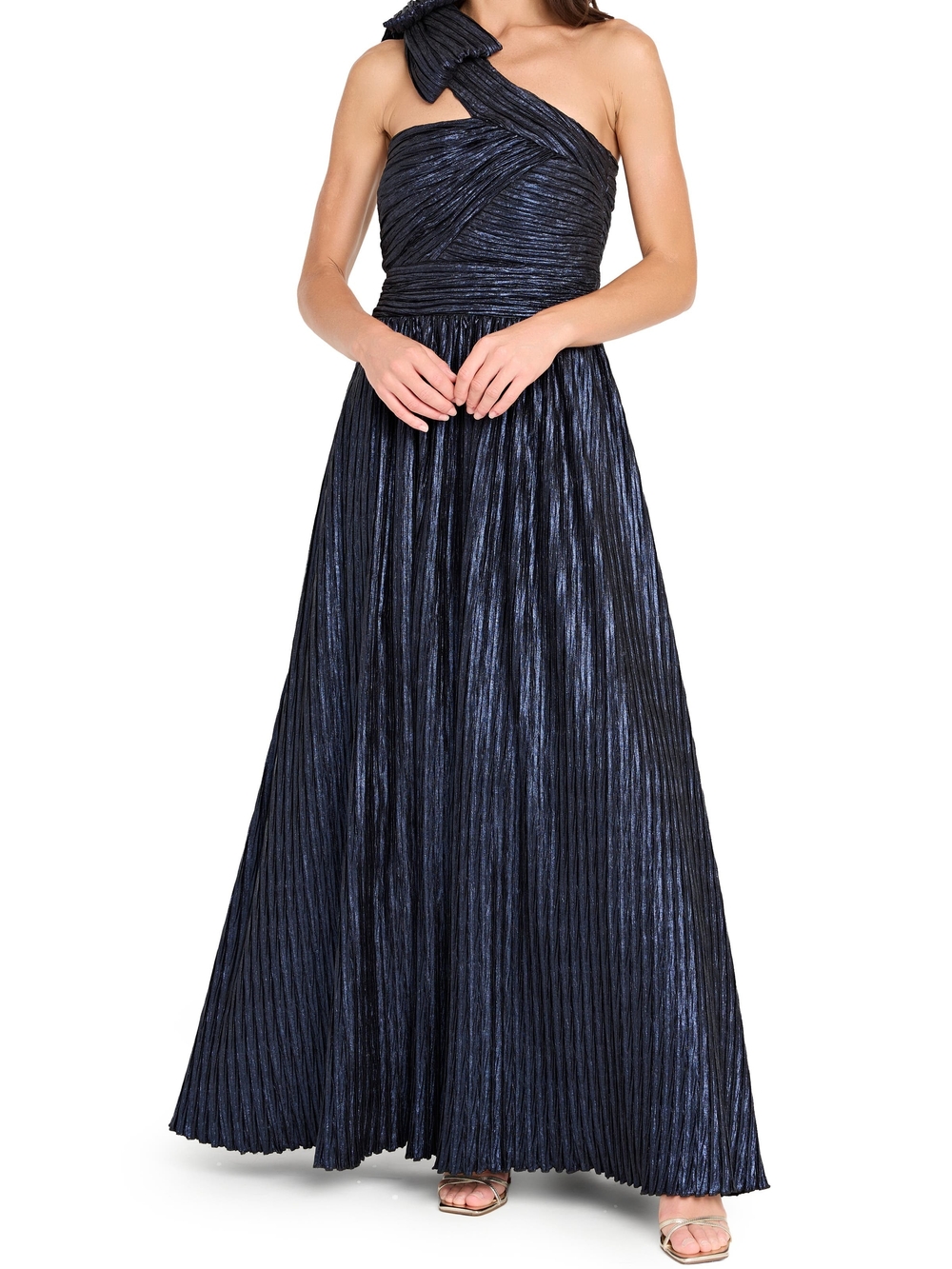 Tahari One-Shoulder Pleated Metallic Navy Evening Gown